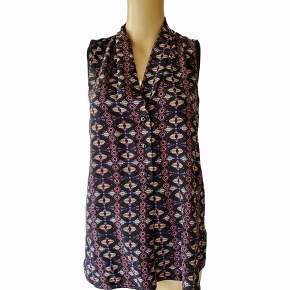 Greylin Tops - Greylin 100% Silk Geometric Sleeveless Button Down Blouse Ikat - Large